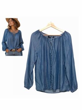 Inner Circle Chambray Long Sleeve Top Blouse Size XL Denim Southwestern XL
